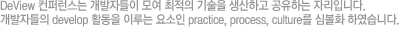 DeView 컨퍼런스는 개발자들이 모여 최적의 기술을 생산하고 공유하는 자리입니다. 개발자들의 develop 활동을 이루는 요소인 practice, process, culture를 심볼화 하였습니다.